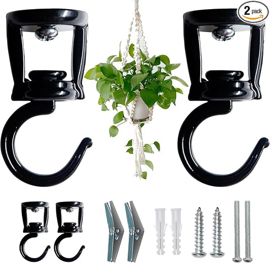 Ceiling Hooks for Hanging Plants (2 PCS Black),Heavy Duty Metal Plant Hooks, Screw in Hooks for Hanging Birdfeeders, Lamps, Planters, Outdoor Decorative Hooks up to 33 lbs