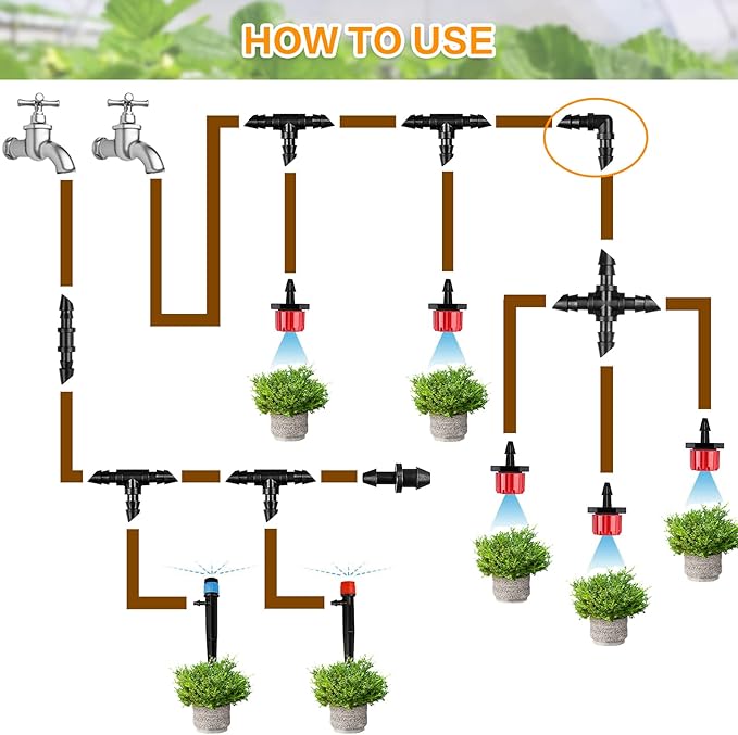 Drip Irrigation Elbow Fittings：50 Pieces Barbed Elbow Irrigation Parts with Sharp End Fits for 1/4 Inch Irrigation Tubing Drip Line Elbow Connectors for Garden Lawn Irrigation System
