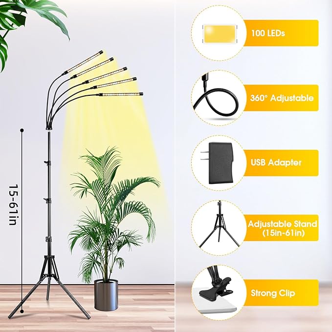 wolezek Grow Lights for Indoor Plants Full Spectrum, LED Grow Light with Adjustable Stand and Sturdy Clip, 5-Heads Plant Grow Lights Indoor with Auto 6/12/16H Timer, 3 Light Modes, 5 Levels Dimmable