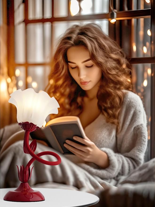 Flower Table Lamp,LED Reading Light Bedside Vintage Flower Night Light,3 Colors Modes Kawaii Bedside Lamps Decor,Living Room Bedroom Room Lighting Table Lamps Home Decoration (Red)