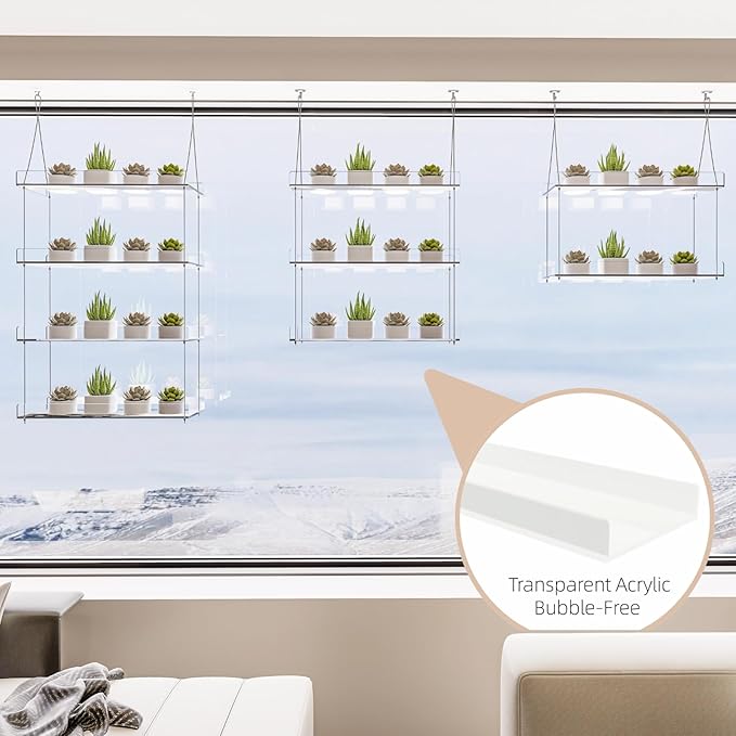 Hanging Clear Window Plant Shelves, Height Adjustable Acrylic Window Plant Hanger, 3-Tier Sturdy Window Sill Plant Shelf for Indoor Window Grow Herbs, Succulents, Flower