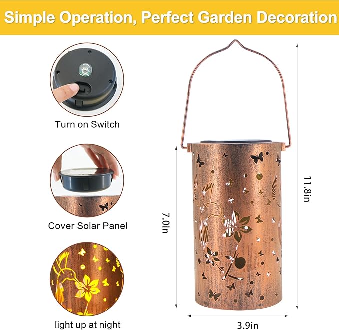 Mothers Day Gifts, 4 Packs Solar Lanterns Outdoor Hanging Lantern Lights, 4 Hummingbird Hollowed-Out Metal Decor Lantern, Waterproof LED Decorative Garden Light Gifts