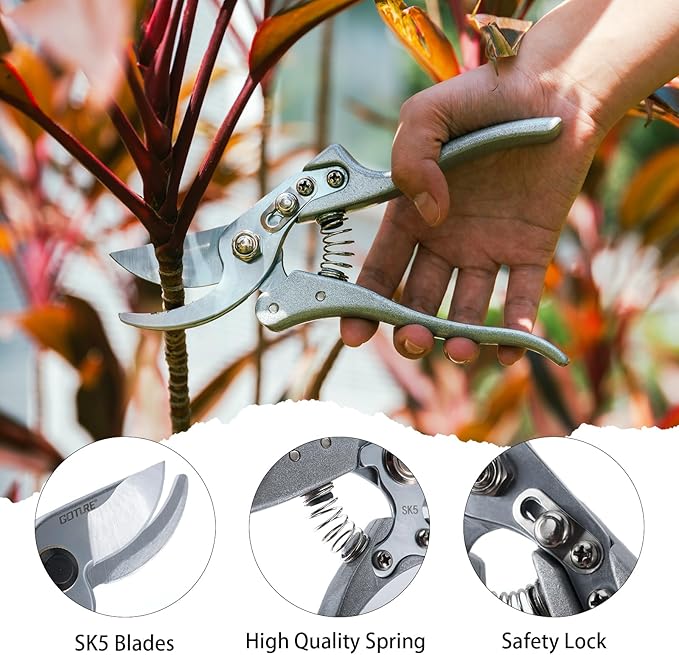 Goture Garden Shears 2Pcs, Pruning Shears for Gardening, SK5 Garden Shears Pruning, Silver Garden Scissors Tools