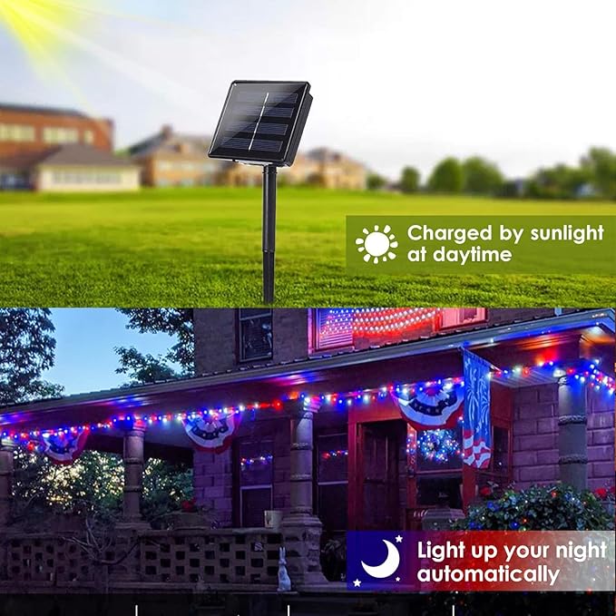Red White and Blue Solar String Lights Outdoor, 2 Pack 80FT 200 LED Solar Outdoor Twinkle Light for 4th of July Independence Day Decor, Waterproof with 8 Modes, Garden Yard, Patriotic Memorial Decor