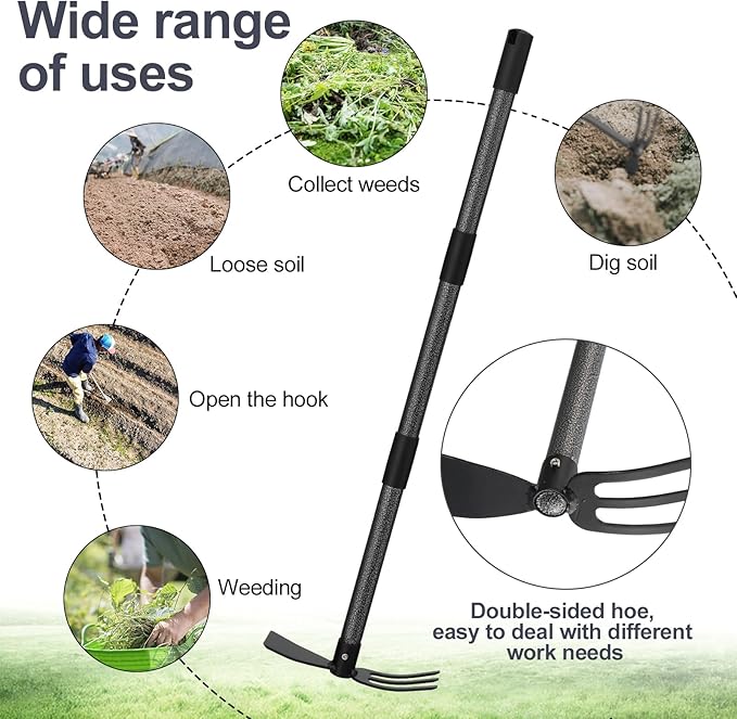 Cultivator Hoe Garden Tool, 30.7 inch Stainless Steel Long Handle Heavy Duty Gardening Tools，Extended Reach Double Hoes Suitable for Digging Loosening