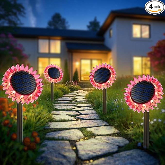Outdoor Solar Lights, 4 Pack Led Solar Sunflower Lights, Stake/Wall 2-in-1 Waterproof Solar Garden Lights for Yard, Landscape, Fence, Patio, Driveway, Pathway, Backyard Decoration (Warm White)