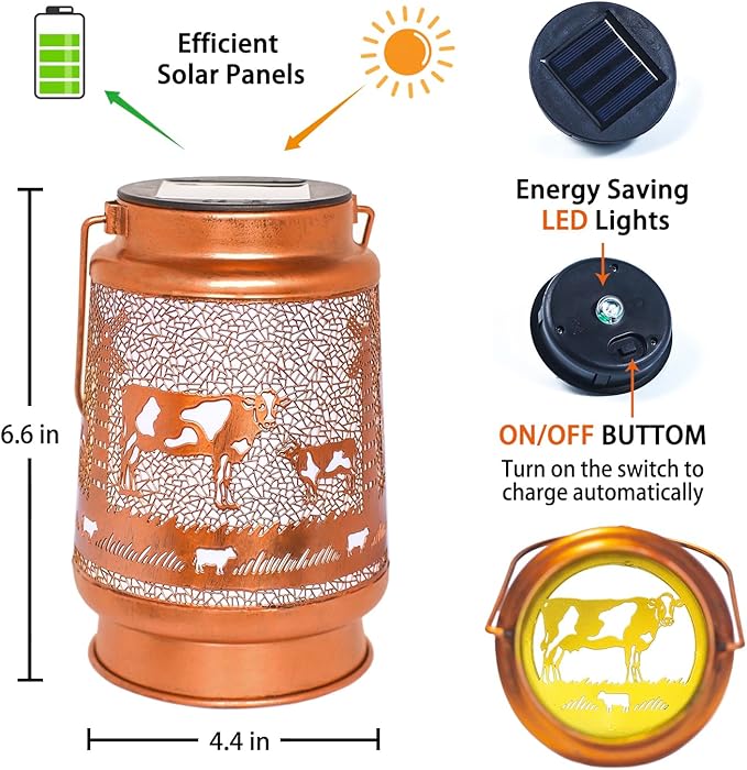 Cow Solar Lanterns Outdoor Waterproof Hanging Solar Lights Cow Gifts for Women Men Metal Decorative LED Cow Lanterns for Garden Decor,Yard,Patio,Lawn,Tabletop,Pathway,Landscape, Brown