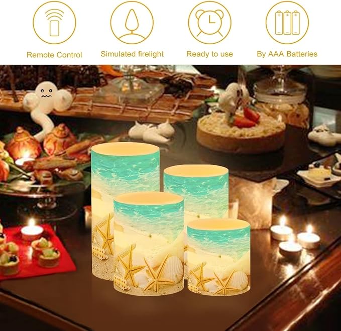 Beach Starfish Seashell Flameless Light Candles Battery Powered with Timer Remote Color Chaging Pillar Fake Candles Pack of 4 for Wedding Home Outdoor Decor