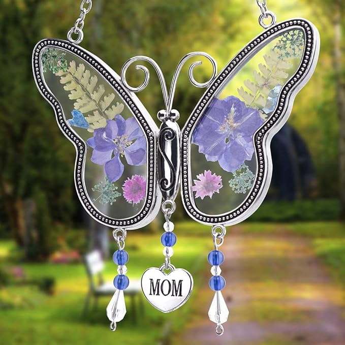 Laraine Butterfly Suncatcher with Pressed Colourful Flower Wings Mom Mother's Day Butterfly Glass Wind Chime Ornament Charm with Metal Heart Gifts for Mom Grandma Birthday (Purple Mom)