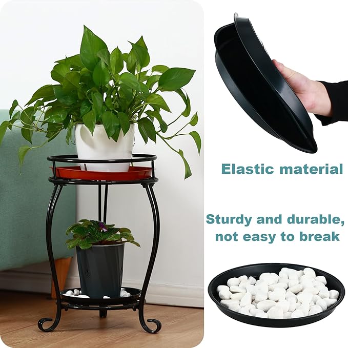 4 Pack Bottom 14 Inch Plant Saucers for Indoors Outdoors Plastic Plant Water Catcher Trays No Holes Round Flower Pot Drip Trays for Pots Base Heavy Duty Plant Pot Saucers Water Drainage Trays, Black