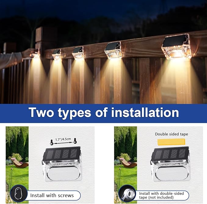 Solar Outdoor Lights 8 Pack, Solar Fence Deck Lights, Waterproof Powered Outside Lighting for Step Railing Wall Pool Stair Yard Garden Patio Pool Decorations