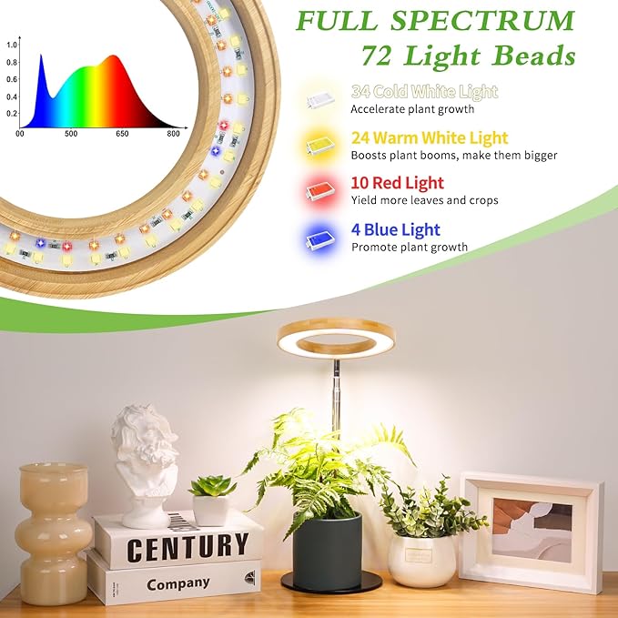 LORDEM Bamboo Grow Light for Indoor Plants, Full Spectrum Plant Light for Indoor Growing, Desk LED Grow Lamp with Auto On/Off Timer for 4H/8H/12H, 4 Dimmable Levels, Height Adjustable, 2 Pack
