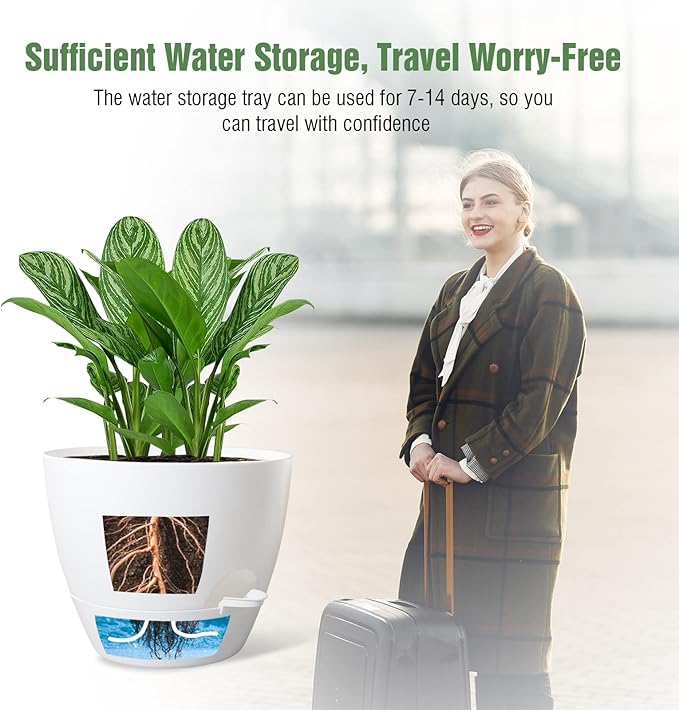 WOUSIWER 10 inch Self Watering Planters, 2 Pack Large Plastic Plant Pots with Deep Reservior and High Drainage Holes for Indoor Outdoor Plants and Flowers, White