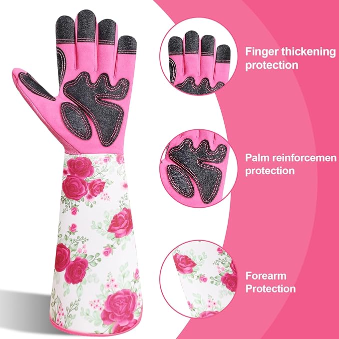 DLY Gardening Gloves for Women, Rose Gloves Gardening Thorn Proof, Long Garden Gloves for Women, Breathable & Durable Leather Gauntlet (Medium, Rose Red)