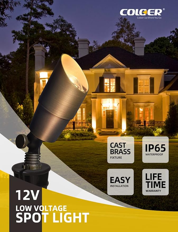 COLOER Die-cast Brass Landscape Spotlights Outdoor, 12V AC/DC Low Voltage LED Garden Landscape Lighting, IP65 Waterproof Outdoor Uplighting (101B,Bronze,12-Pack Without Bulb)