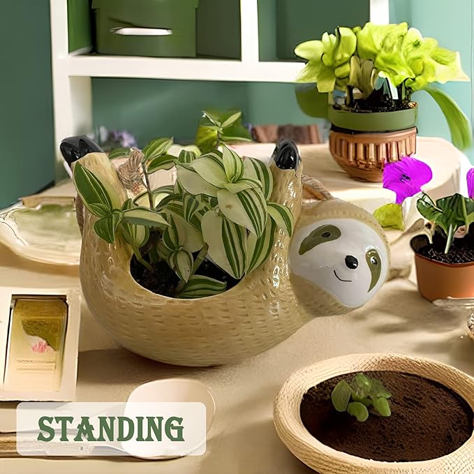 Gardening Gifts for Women, Sloth Gifts, Plant Gifts for Plant Lover Gardener Lady Mom, Cute Garden Gifts, Friend Birthday Gift, Ceramic Sloth Hanging Planter Pot for Indoor Plants Succulent Cactus