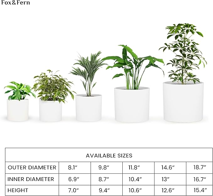 Fox & Fern Large 12 Inch Planter — Premium Lightweight Fiberstone Matte White Plant Pot w Drainage Plug; Large Indoor & Outdoor Floor Planter; 12 Inch Pots for Plants; Weather Resistant & UV Resistant
