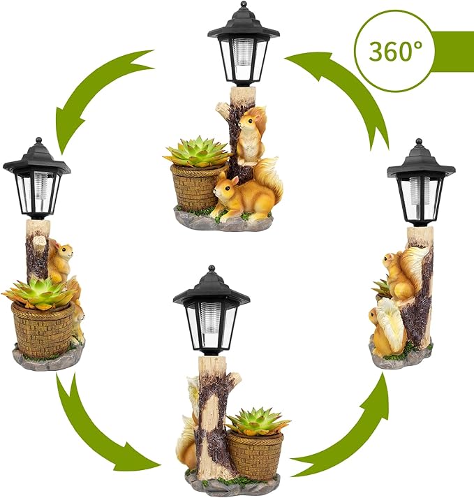 Solar Squirrels Outdoor Statues, Garden Sculptures with Flowerpot Decor & Solar Lantern for Yard Art Lawn Ornaments Porch Patio Balcony - Birthday Gifts for Women Mom