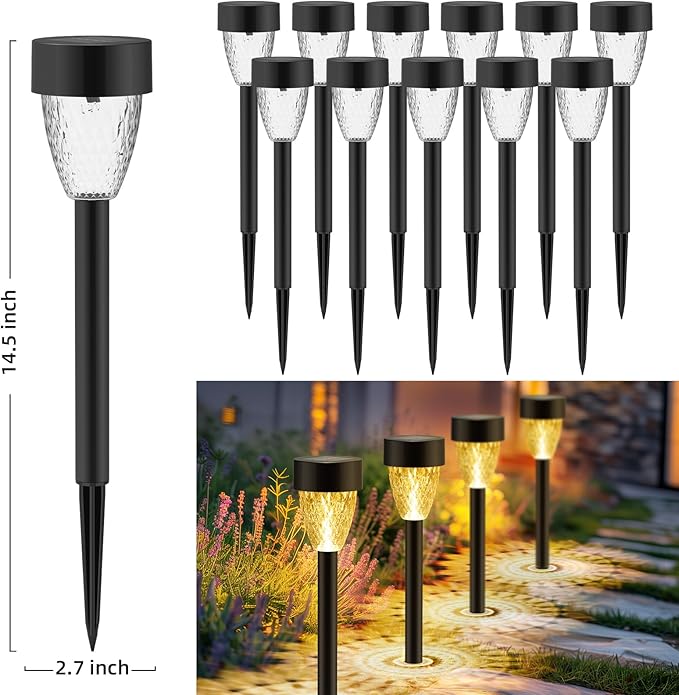 12 Pack Solar Lights Outdoor Waterproof, New Upgraded Solar Garden Lights Up to 12 Hrs Auto On/Off,Solar Pathway Lights Outdoor Outside Lights for Yard Patio,Lawn,Landscape and Pool Decor(3000K)