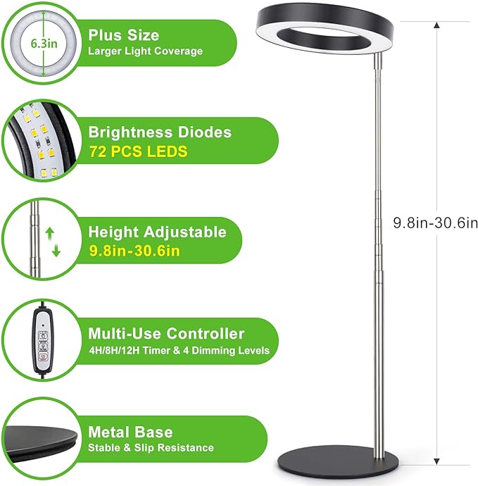 LORDEM Grow Light, LED Plant Light for Indoor Plants Growing, Full Spectrum Desk Growth Lamp with Automatic Timer for 4H/8H/12H, 4 Dimmable Levels, Height Adjustable 9.8"-30.6", Black
