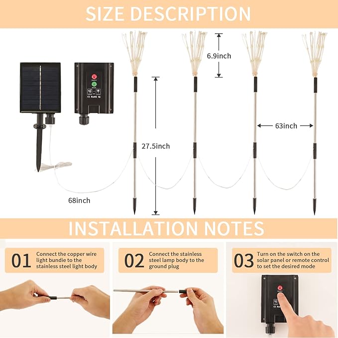 Solar Garden Fairy Lights 4 Pack 120 LED 30 Copper Wire Outdoor Firework Landscape Path String Lights Waterproof 8 Lighting Modes Remote Control for Backyard Christmas Party Decorative (White)