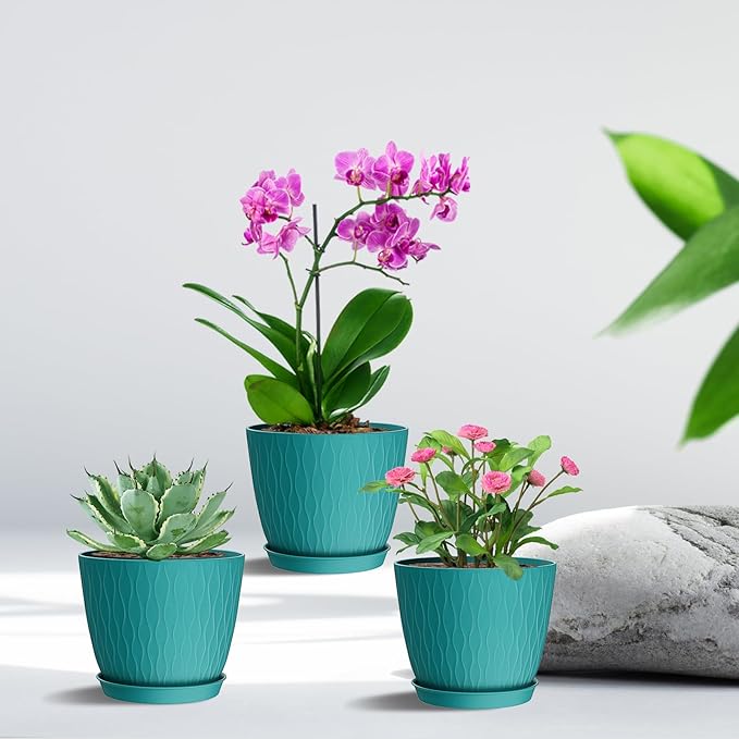 6 inch Plant pots, 12 Pack Modern Plastic Planters with Drainage Holes and Saucers for Repotting Indoor Plants and Flowers, Blue