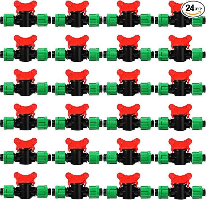 Drip Irrigation Shut off Valve 1/2 Inch Universal Drip Irrigation Tubing Coupling Valve Connector Locking Fitting Compatible with 16 to 17 mm Drip Tape Tubing Sprinkler System (24 Pieces)