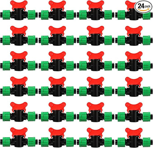 Drip Irrigation Shut off Valve 1/2 Inch Universal Drip Irrigation Tubing Coupling Valve Connector Locking Fitting Compatible with 16 to 17 mm Drip Tape Tubing Sprinkler System (24 Pieces)