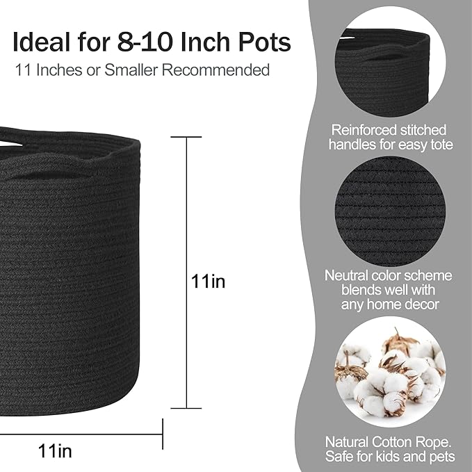 Cotton Rope Plant Basket, Woven Basket Planter for 10 inch Pot, Round Indoor Tree Pot Cover, Small Storage Bin Organizer, Modern Basket for Plants and Home Decor, 11”X11”, Black