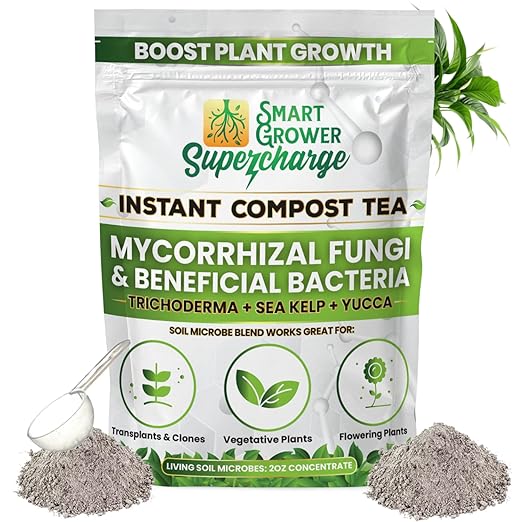 Mycorrhizal Fungi with Beneficial Bacteria, Trichoderma, Sea Kelp, Molasses, Yucca, Smart Grower Supercharge Plant Root Enhancer 2oz Super Concentrate Powder Makes 25 Gallons