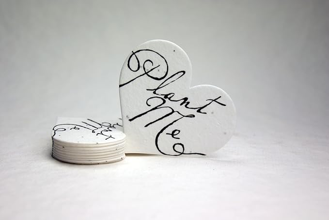 Of The Earth Handmade Paper - Wildflower Seed Paper Small Heart Tags - Calligraphy Variations - 1.75" X 1.5" - Set of 50 (Plant Me)