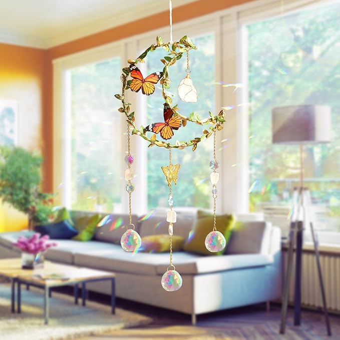 Suncatcher - Moon Crystal Sun Catcher Window Hanging, White Stone Good Luck Charms Gifts for Women Chrismas Thanksgiving Birthday Crystal