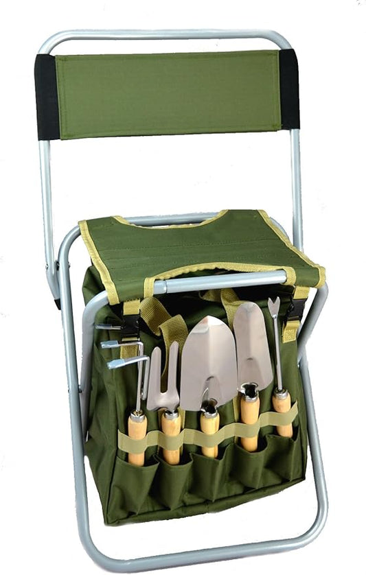 10-Piece Gardening Tool Set with Zippered Detachable Tote and Folding Stool Seat with Backrest