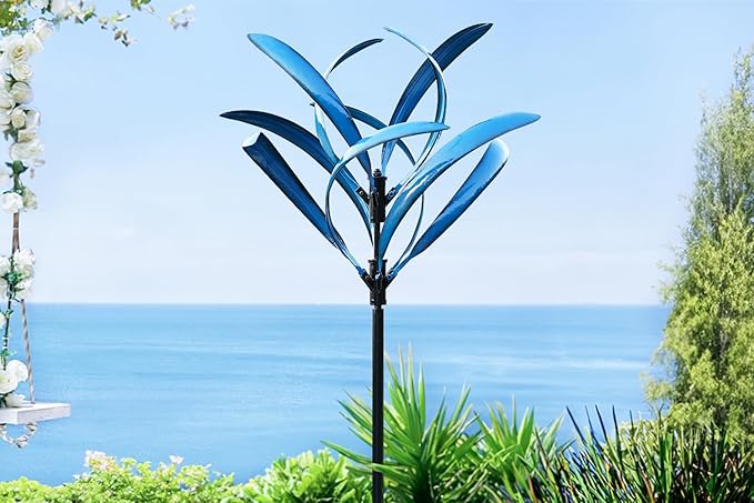 LimeHill Wind Spinner for Yard and Garden - Large Metal Kinetic Wind Sculptures for Outdoor Decorations (Blue Lotus 2)