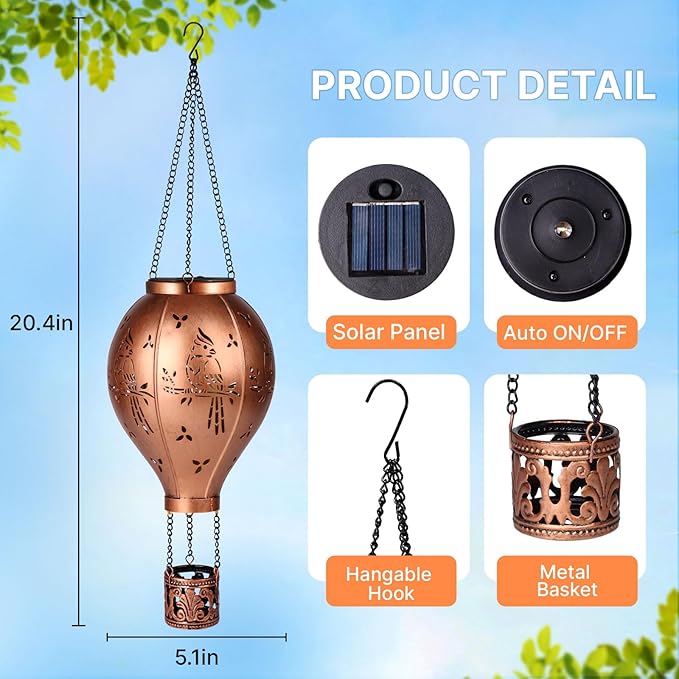 Solar Lights Outdoor Waterproof Cardinal Hot Air Balloon Metal Hanging LED Lantern Decoration Garden,Patio,Yard,Porch for Christmas Decor Gifts for Women Mom Friends