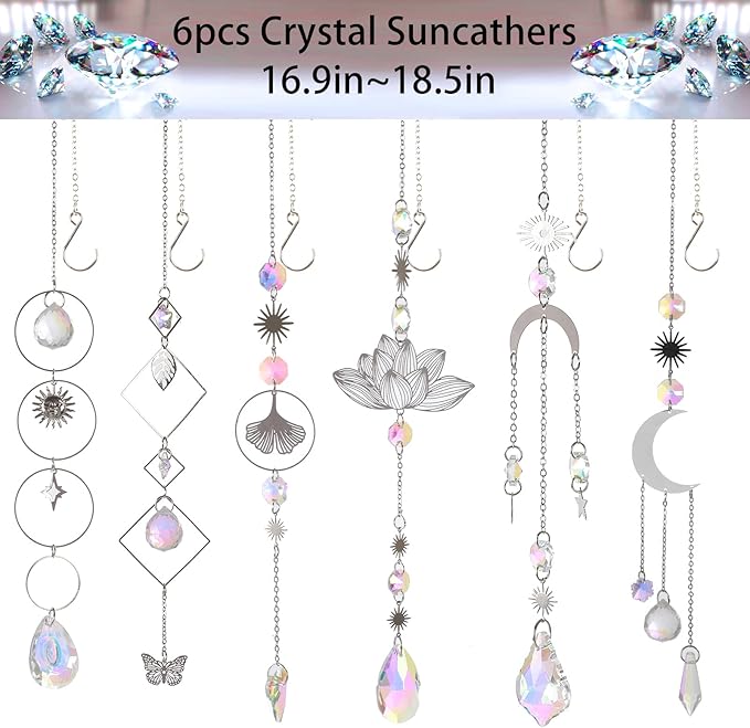Sun Catchers, 6 Pieces Colorful Suncatchers Decorative Hanging Clear Crystal Prism Rainbow with Silver Moon Sun Metal Forms Suncatcher Kit for Window Indoor Outdoor Car Mirror Decor Xmas Gift