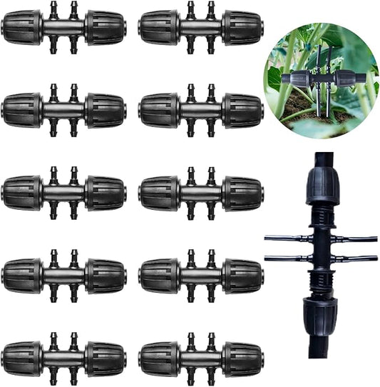 10Pcs Barbed Tee Irrigation Fittings, HOINCO 1/3 Inch to 1/4 Inch Irrigation Tube Anti-Drop Quality Fitting, 8mm ID 12mm OD Pipe Turn 4mm ID 7mm OD Hose, 6-Way Adapter for Lawn, Farm, Garden(Black)