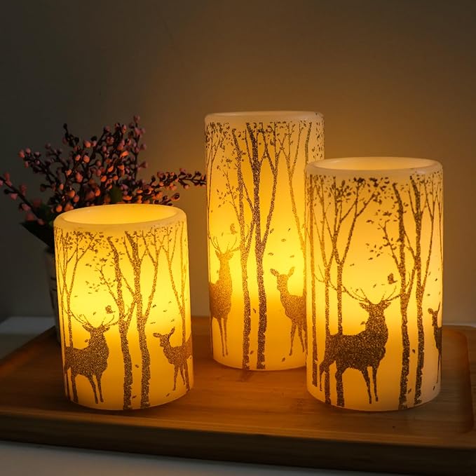 Gold Deer Flameless Candles with 6H Timer, Set of 3 Real Wax LED Flickering Candles, Christmas Pillar Candles with Gold Elk Decor for Home Party Decorations(H6 x D3)