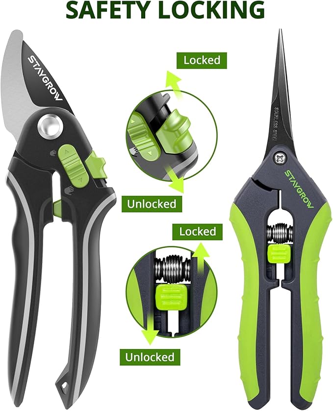 Pruning Shears for Gardening 2 Pack, 8.5" Bypass Garden Clippers and 6.5" Curved Gardening Shears, Pruners with Super Sharp Stainless Steel Blades, Safety Lock, Gardening Gifts for Men Women