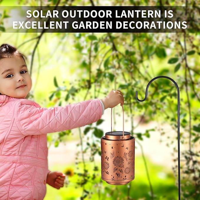 Solar Outdoor Hanging Waterproof Lantern Butterflies Garden Decor LED Light Solar Metal Lantern Gifts for Girl Women Solar Decoration for Patio Pathway Yard, Gold, T-DL-204