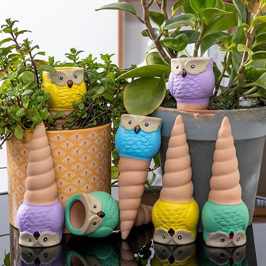 4 Pack Terracotta Watering Spikes, Vacation Self-Watering Planters Devices - Continuous Moisture with Slow Release Watering System - Perfect for Indoor Outdoor Plants (Owl Shape)