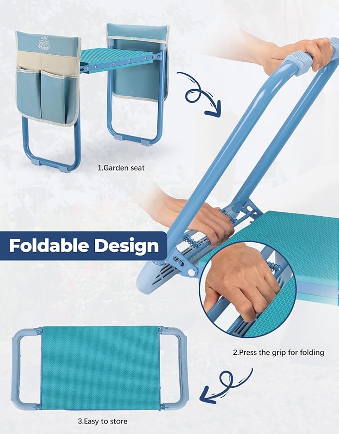 DEERFAMY Garden Stool 10.2" Width, Garden Kneeler and Seat Load Cap 350 lbs, Gardening Gift Heavy Duty with Extra Kneeling Pad, 2 Tool Pouches, Claw Gloves, Blue