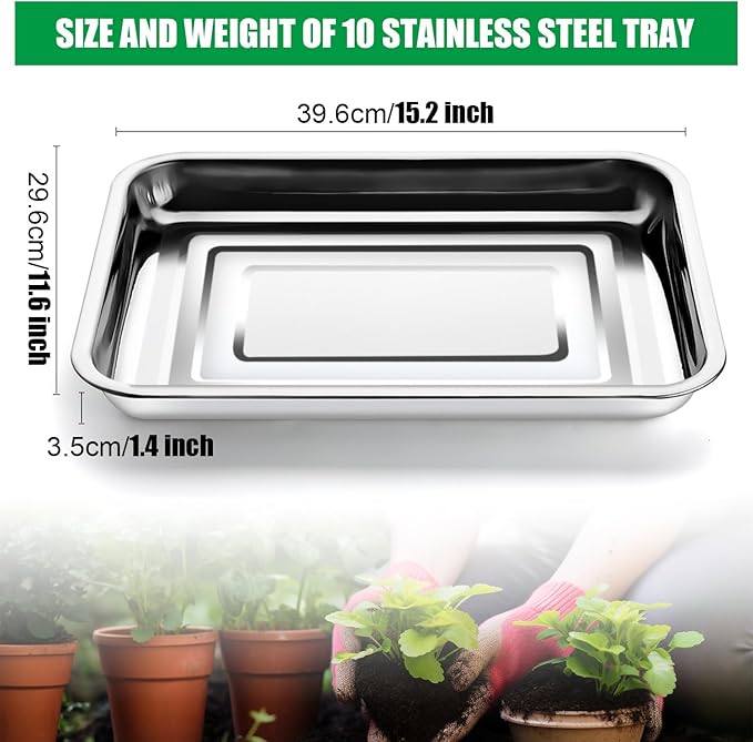 Stainless Steel Plant Trays, 5 Pack Multi-Purpose Tray for Indoor Outdoor Plants, Seed Starting Tray for Potted Plants(11.6 inch×15.2 inch, 1.45" Height, 5-Pack)