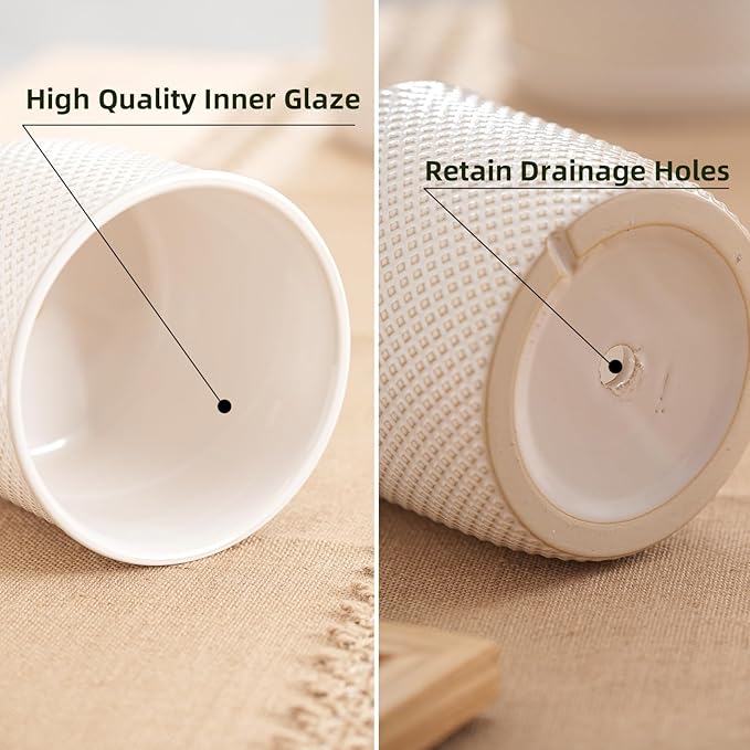 6 Inch Plant Pots: Ceramic Planter with Drainage Hole & Saucer - Flowerpot for Indoor & Outdoor Plants - Beaded Embossed Design White - with Separate Tray