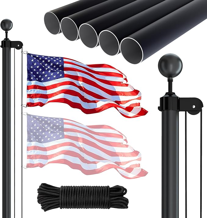 NELXINJO 20FT Sectional Flag Pole Kit, Heavy Duty Aluminum Outdoor In-Ground Flagpole, Black Ball Top, 3x5 USA Flag for Residential commercial Outdoor Garden(20FT, Black)
