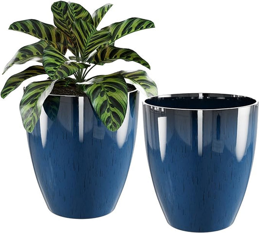 QCQHDU Plant Pots Set of 2 Pack,10 Inch Plant Pot for Indoor and Outdoor Plants with Drainage Hole,Flower Pots Modern Decorative Planter for Garden Plants (Blue)