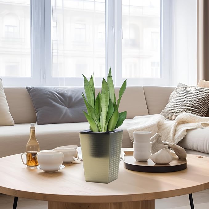 Self Watering Planter 4 Pieces 6 Inch, Plastic Flower Pots with Inner Pot Indoor Plants Brick Pattern Flowerpot for Indoor Plants, African Violets, Flowers, Herbs