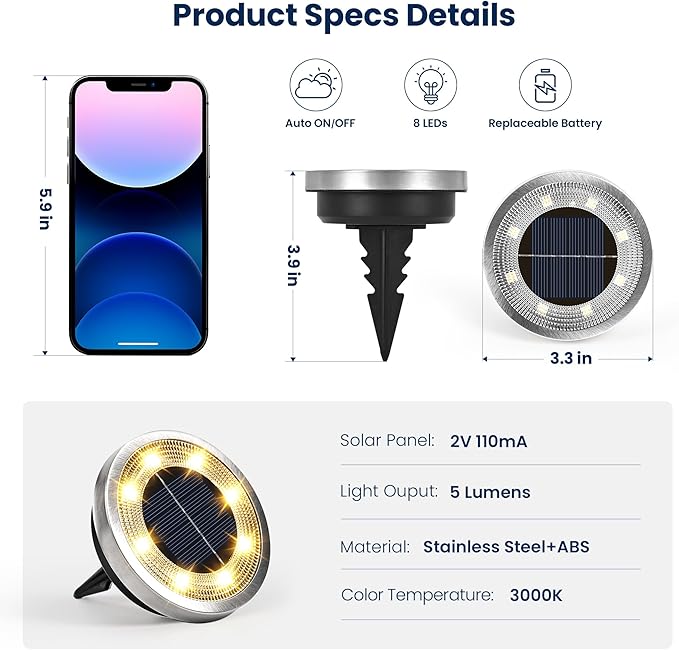 SOLPEX 10 Pack Solar Ground Lights Outdoor Waterproof, Solar Powered Pathway Lights, Landscape Lighting for Garden Walkway Driveway Backyard Decor (Warm White)