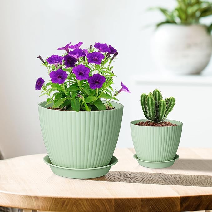 7/6.2/5.5/5/4.5/4 inch Plant Pots, 6 Pack Flower Pots for Small Indoor Outdoor Plants, Plastic Planters with Drainage Holes and Saucers for Garden Succulent House Plants, Green