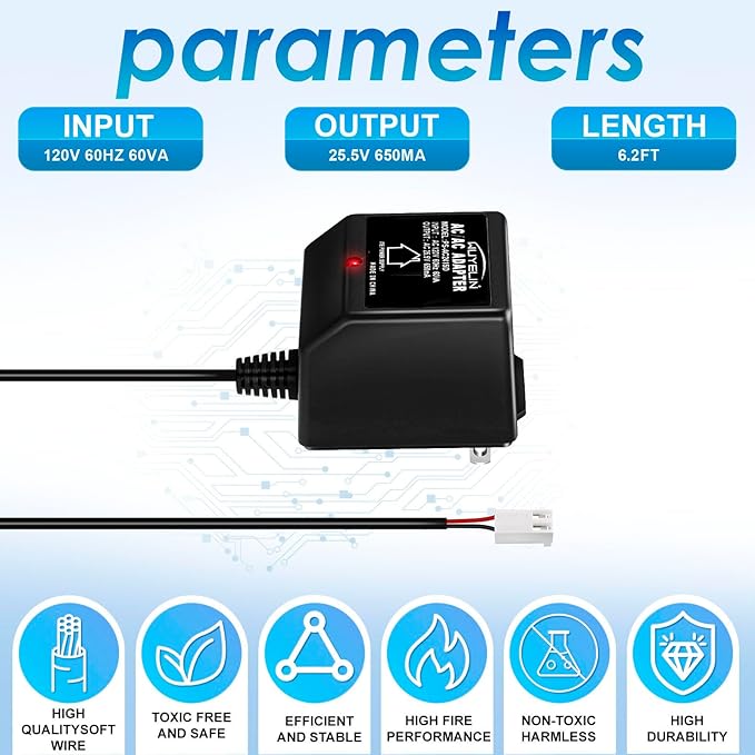 25.5V AC 650mA Sprinkler Timer Power Adapter，Replacement Transformer Compatible Rain Bird UT1 SST Series, Indoor Irrigation Timers，24V Sprinkler System Power Supply Transformer